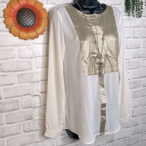 Express Sheer Gold Top Blouse Shirt Button Down Oversized Tunic Small Boho - Picture 1 of 9